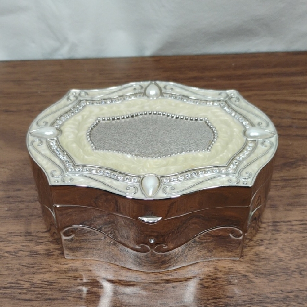 Vintage Silver Plated Jewelry Trinket Box with Rhinestones, Faux Pearls, Velvet